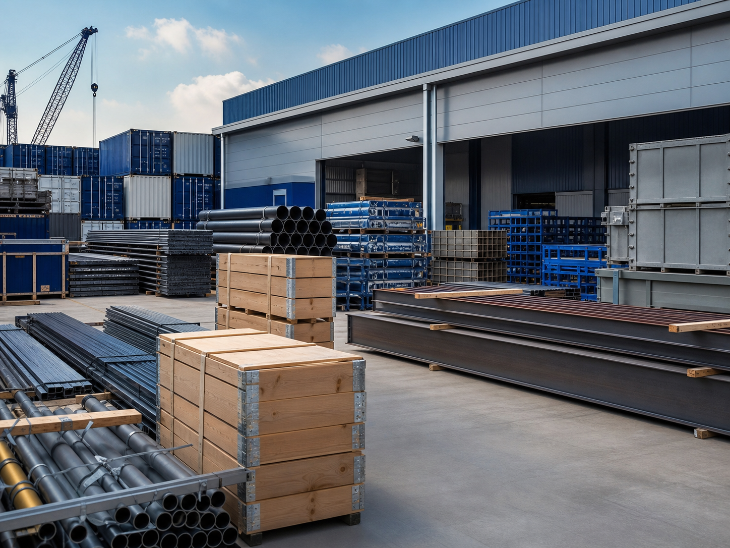 Organized construction import materials in an industrial yard