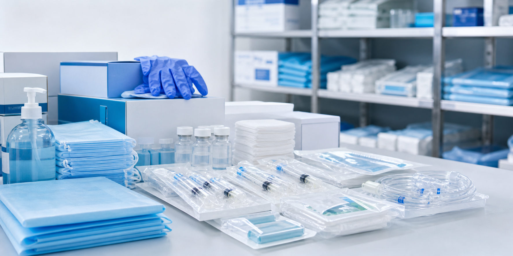 Organized healthcare consumables including gloves, syringes, PPE, and IV supplies