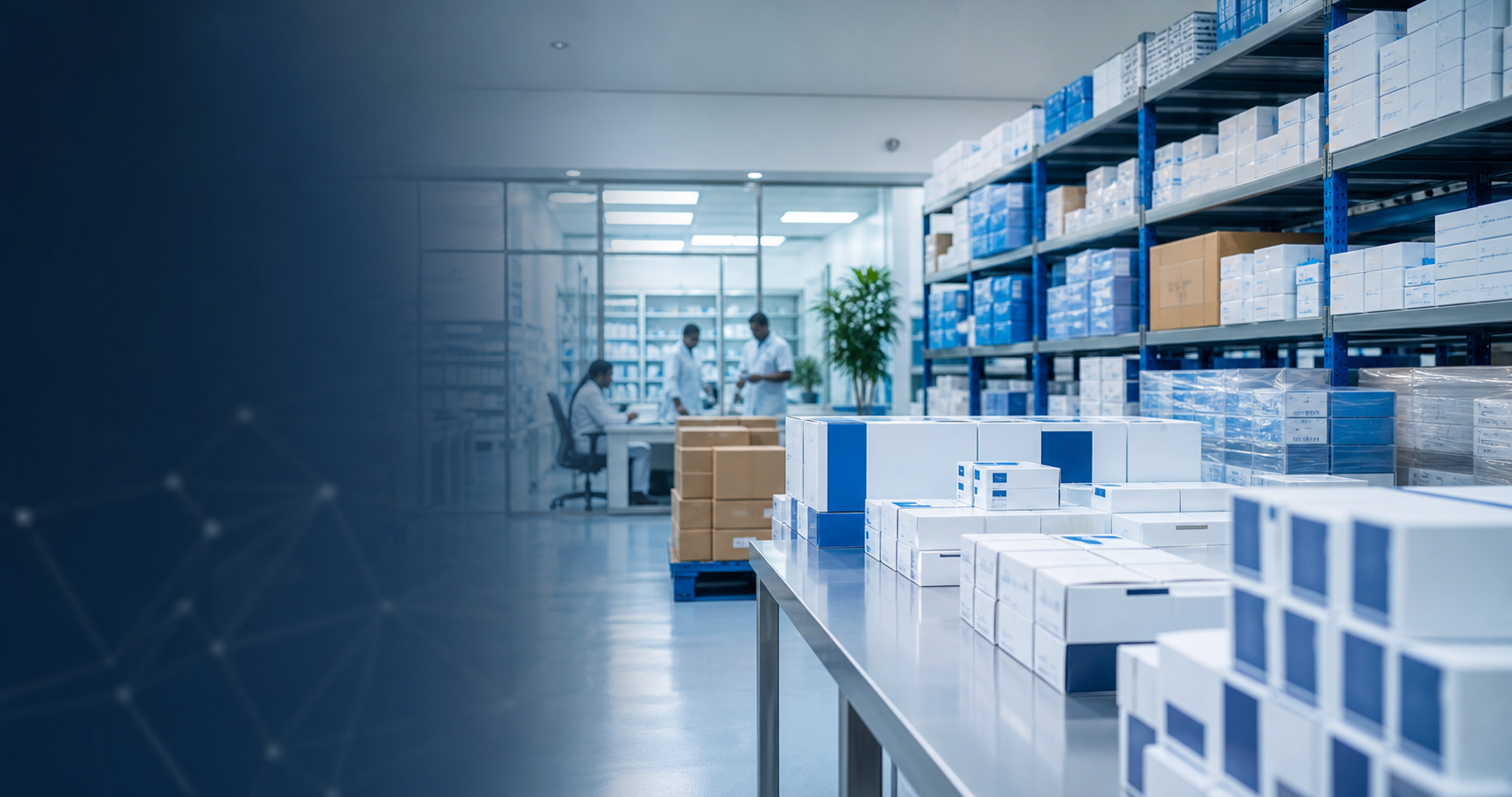 Healthcare supply warehouse with organized pharmaceutical and medical product boxes
